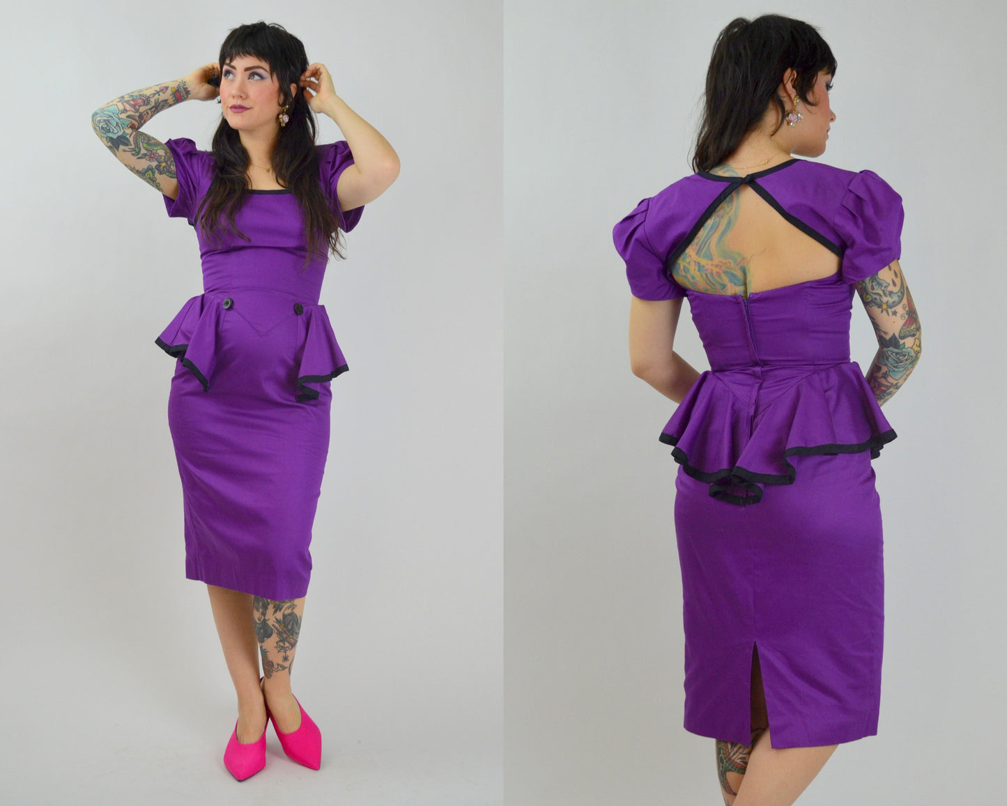 SMALL 1990s Purple Peplum Dress Vintage 90s Cut Out Back Valentines Day Dress 1940s Style