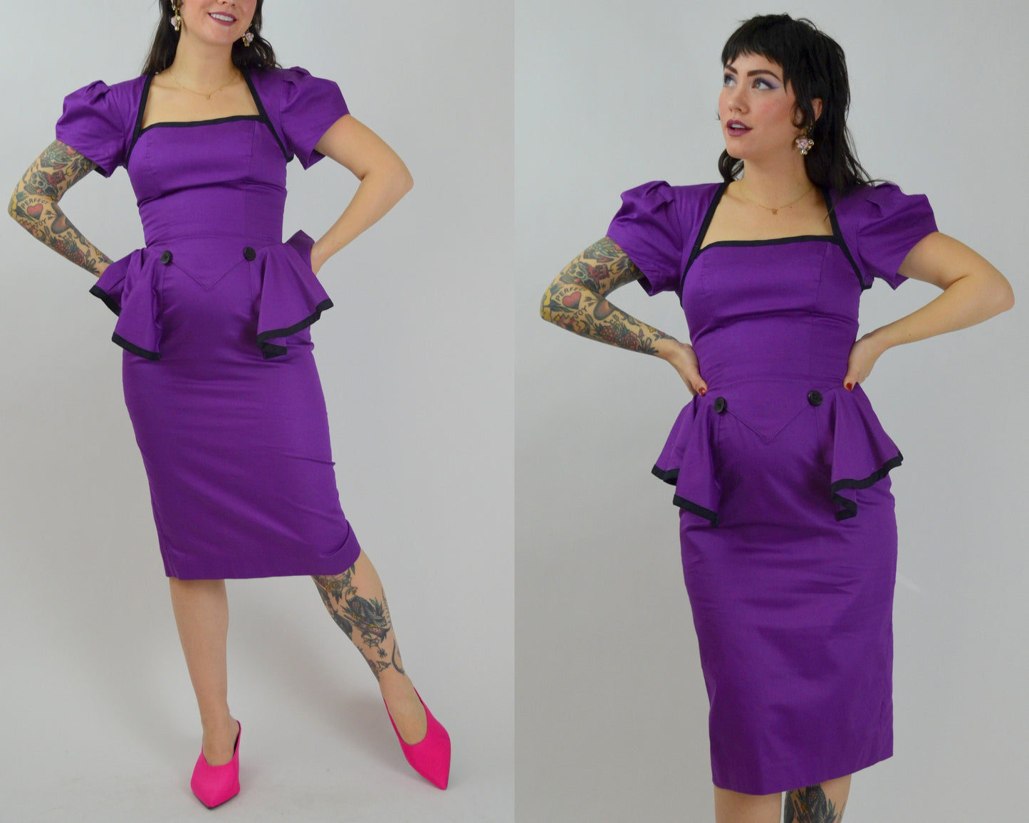 SMALL 1990s Purple Peplum Dress Vintage 90s Cut Out Back Valentines Day Dress 1940s Style