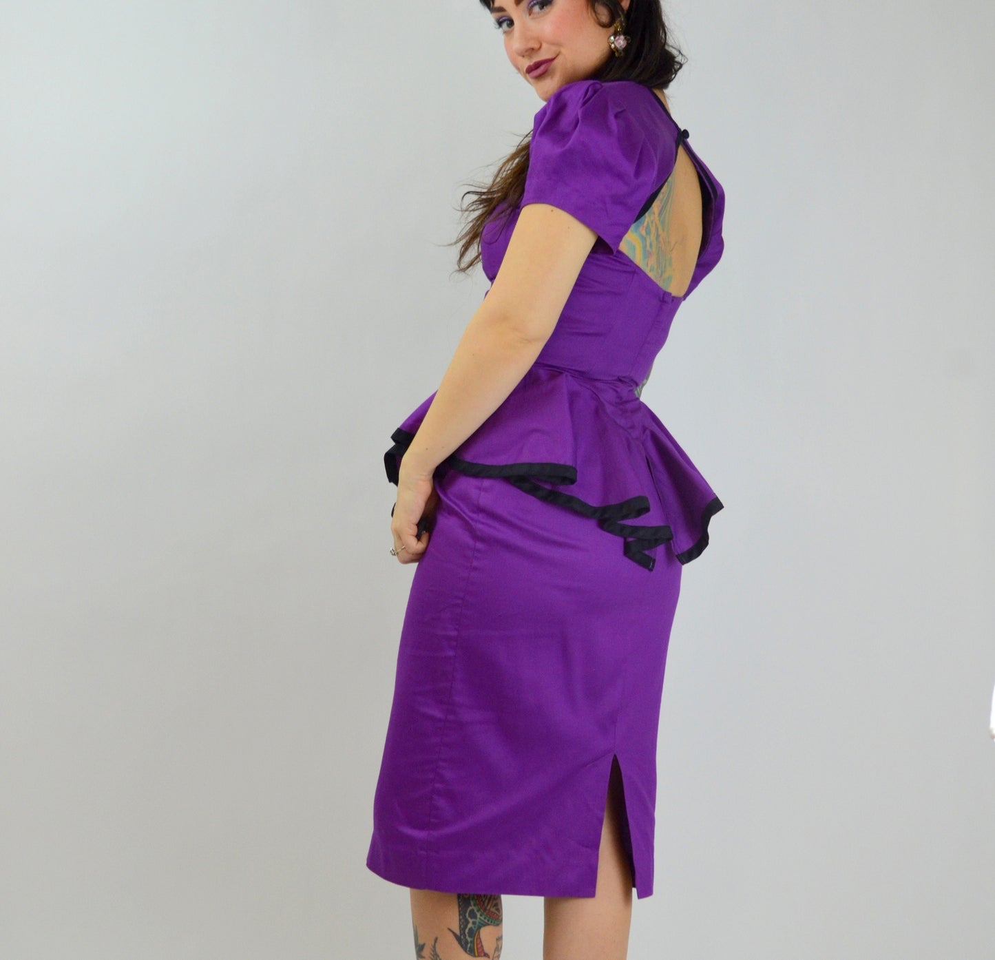 SMALL 1990s Purple Peplum Dress Vintage 90s Cut Out Back Valentines Day Dress 1940s Style