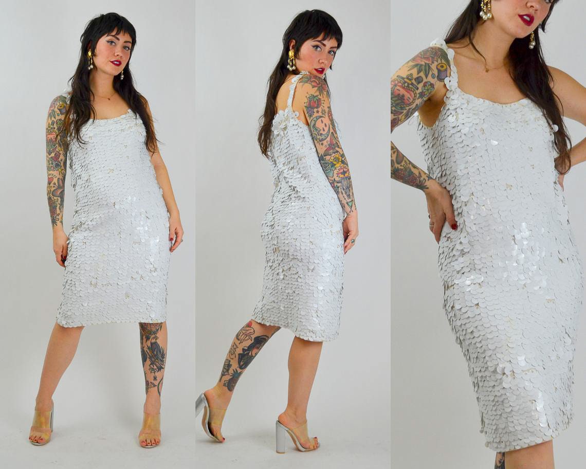 MEDIUM 1960s GENE SHELLY Wiggle Dress Vintage White Paillettes 60s Mod Shimmy Dress Gene Shelly Boutique International Sequin Dress