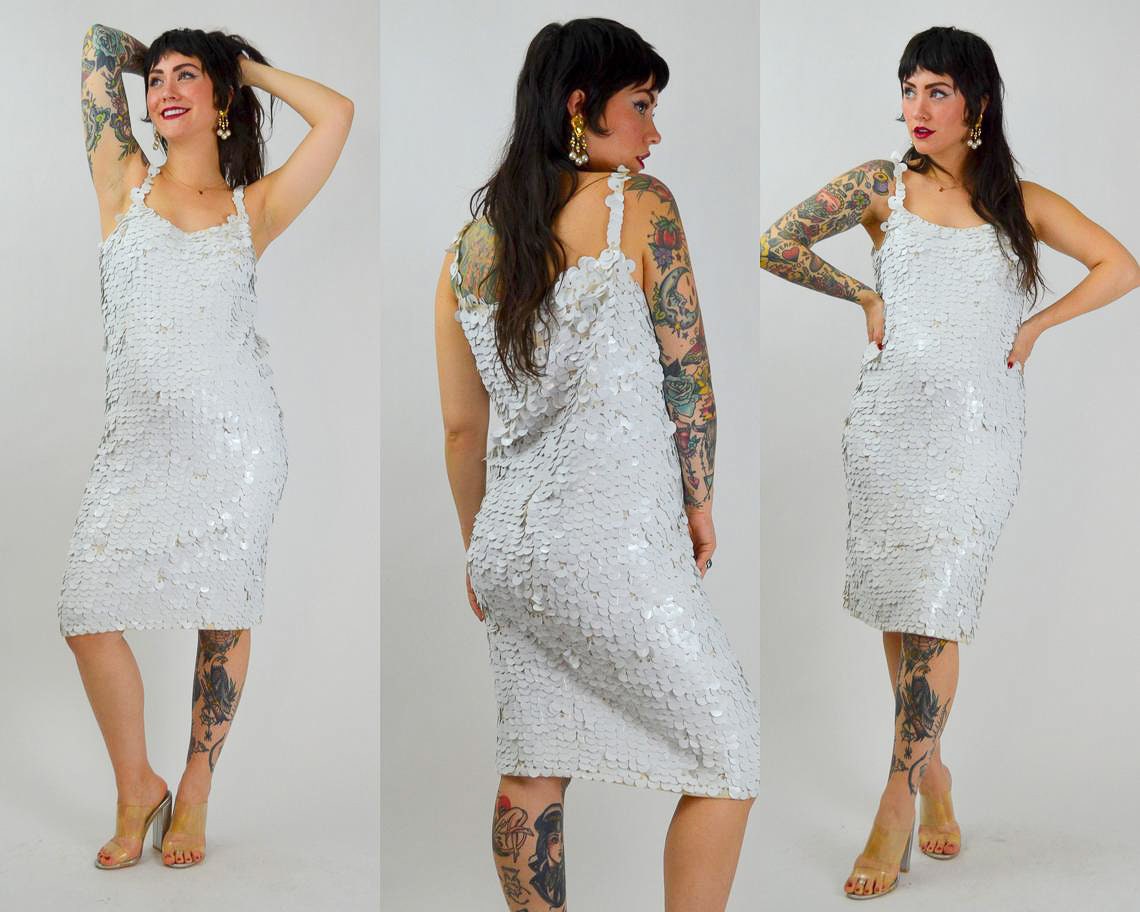 MEDIUM 1960s GENE SHELLY Wiggle Dress Vintage White Paillettes 60s Mod Shimmy Dress Gene Shelly Boutique International Sequin Dress