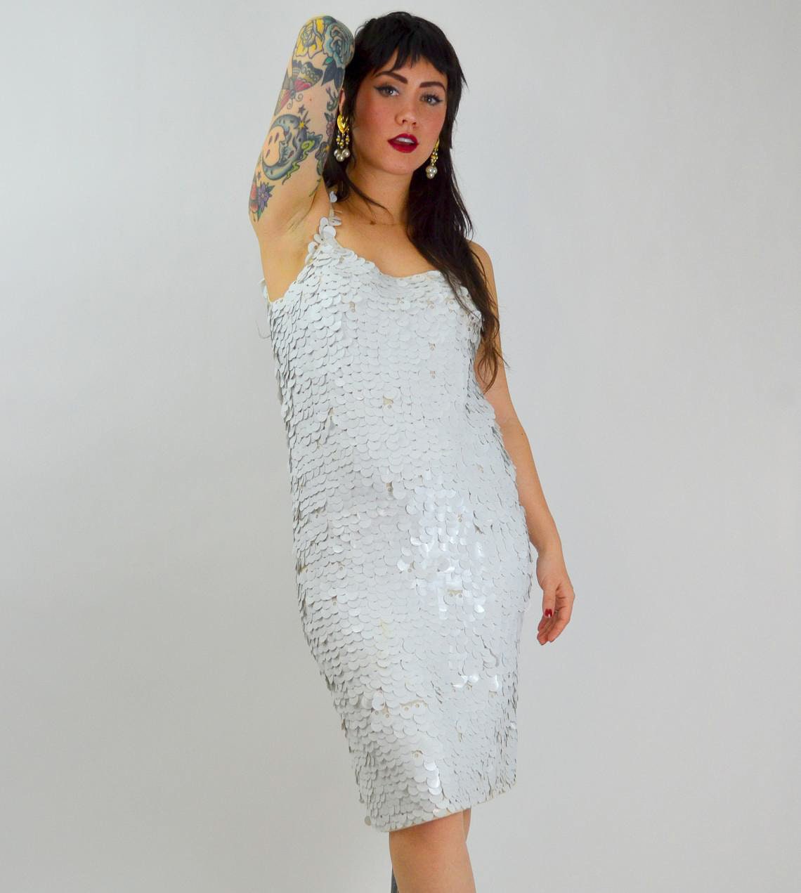 MEDIUM 1960s GENE SHELLY Wiggle Dress Vintage White Paillettes 60s Mod Shimmy Dress Gene Shelly Boutique International Sequin Dress