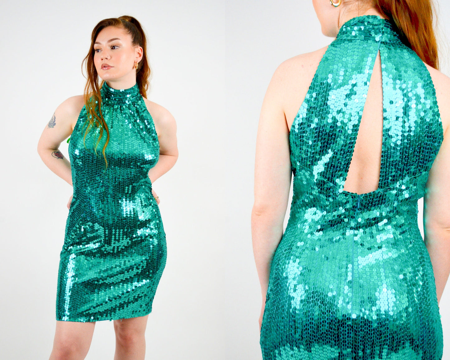 MEDIUM 1980s Sequin Fitted Mini Dress Vintage Backless Green Party Dress 80s High Collar