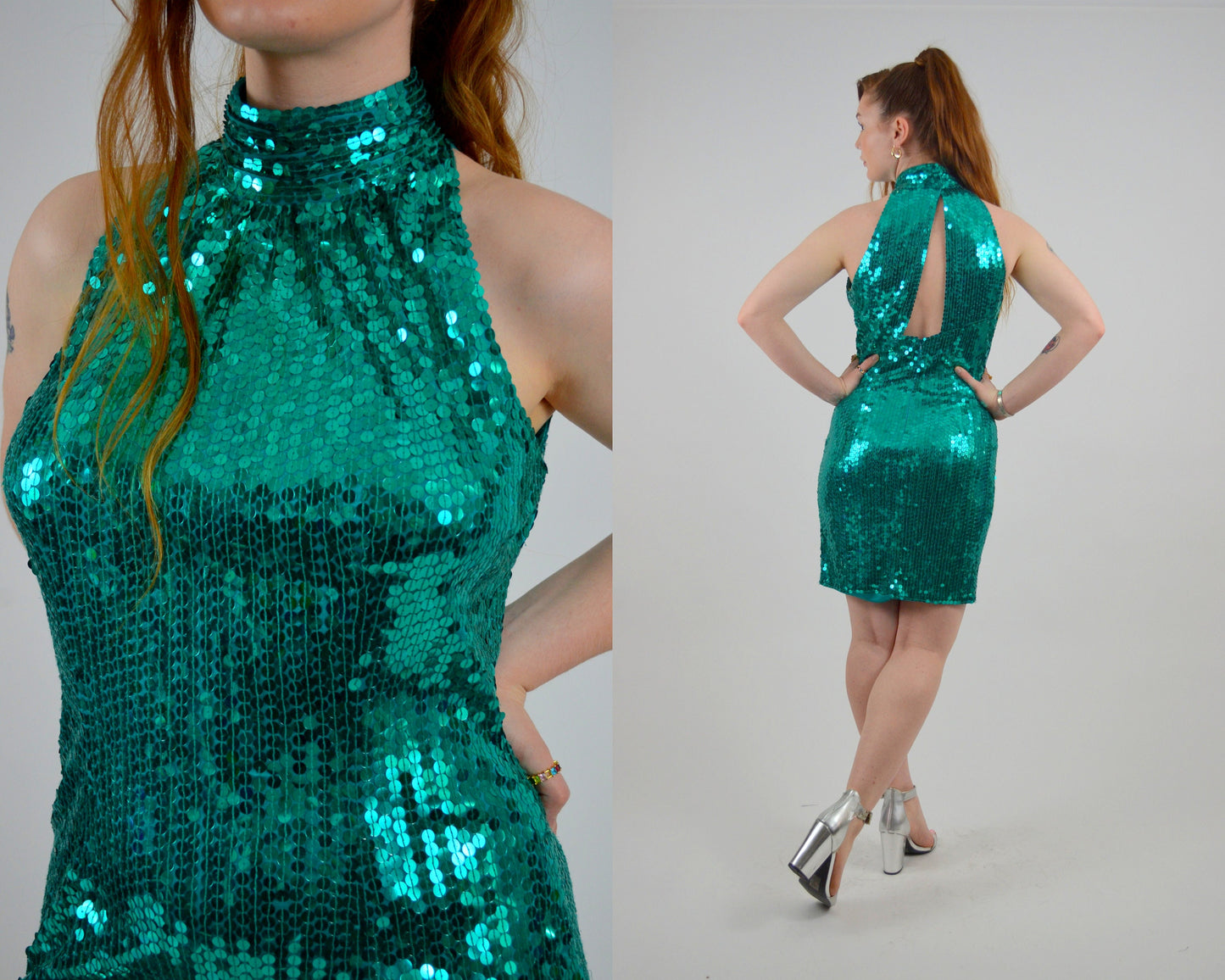MEDIUM 1980s Sequin Fitted Mini Dress Vintage Backless Green Party Dress 80s High Collar