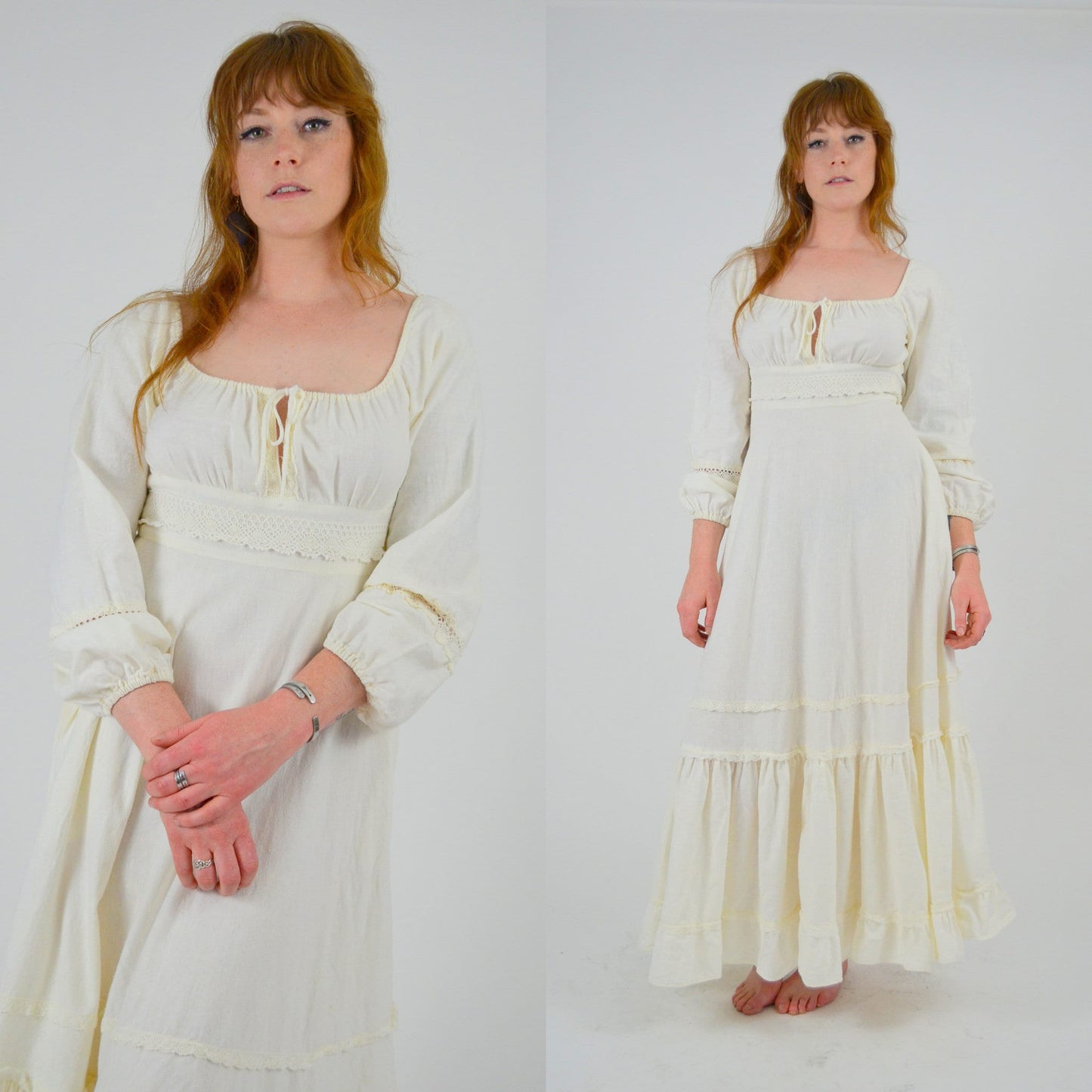 1970s GUNNE SAX White Cotton Maxi Dress - XS