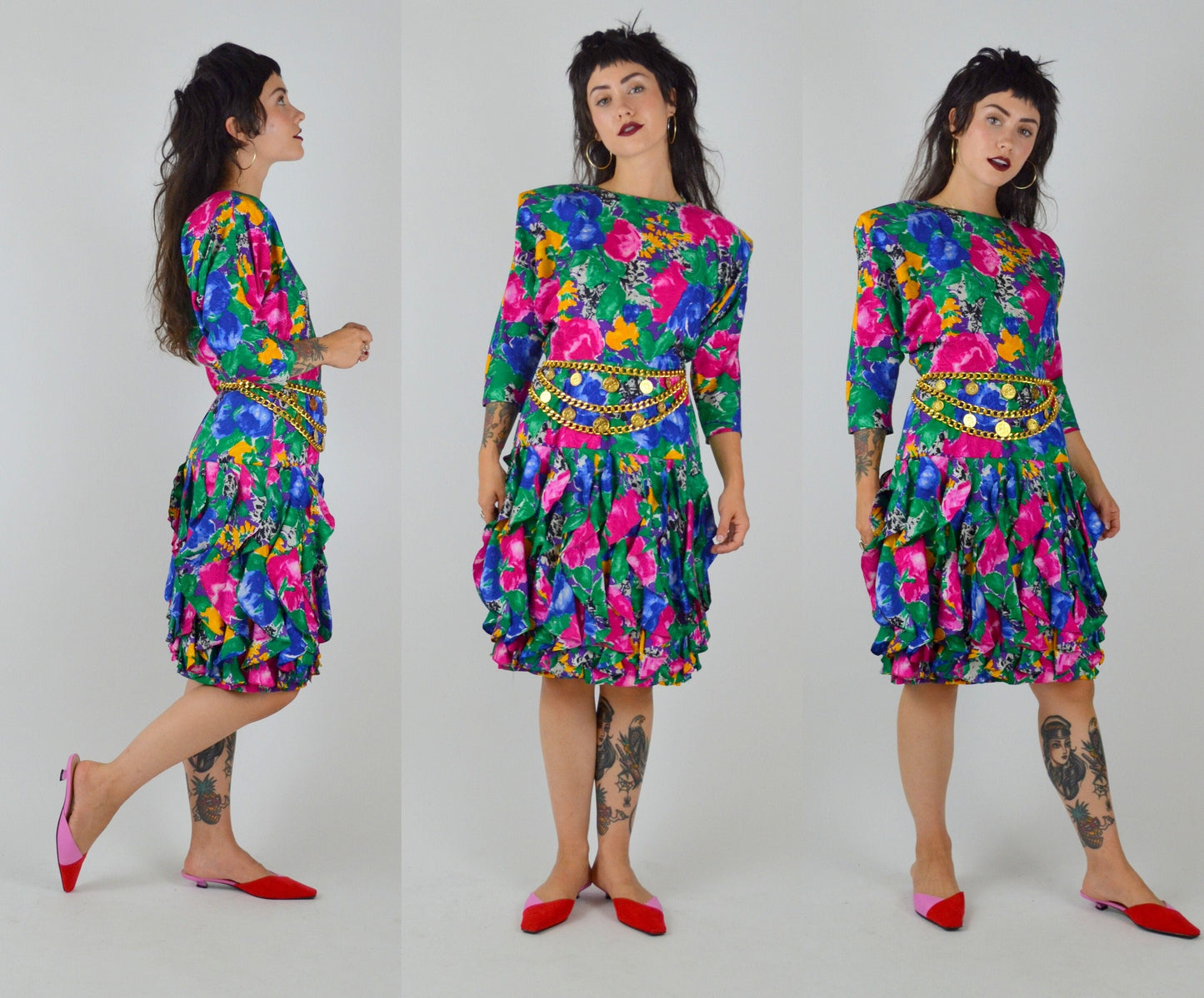 1990s Dress | Small | Vintage SILK Floral Dress 90s Preppy Drop Waist Ruffle Skirt