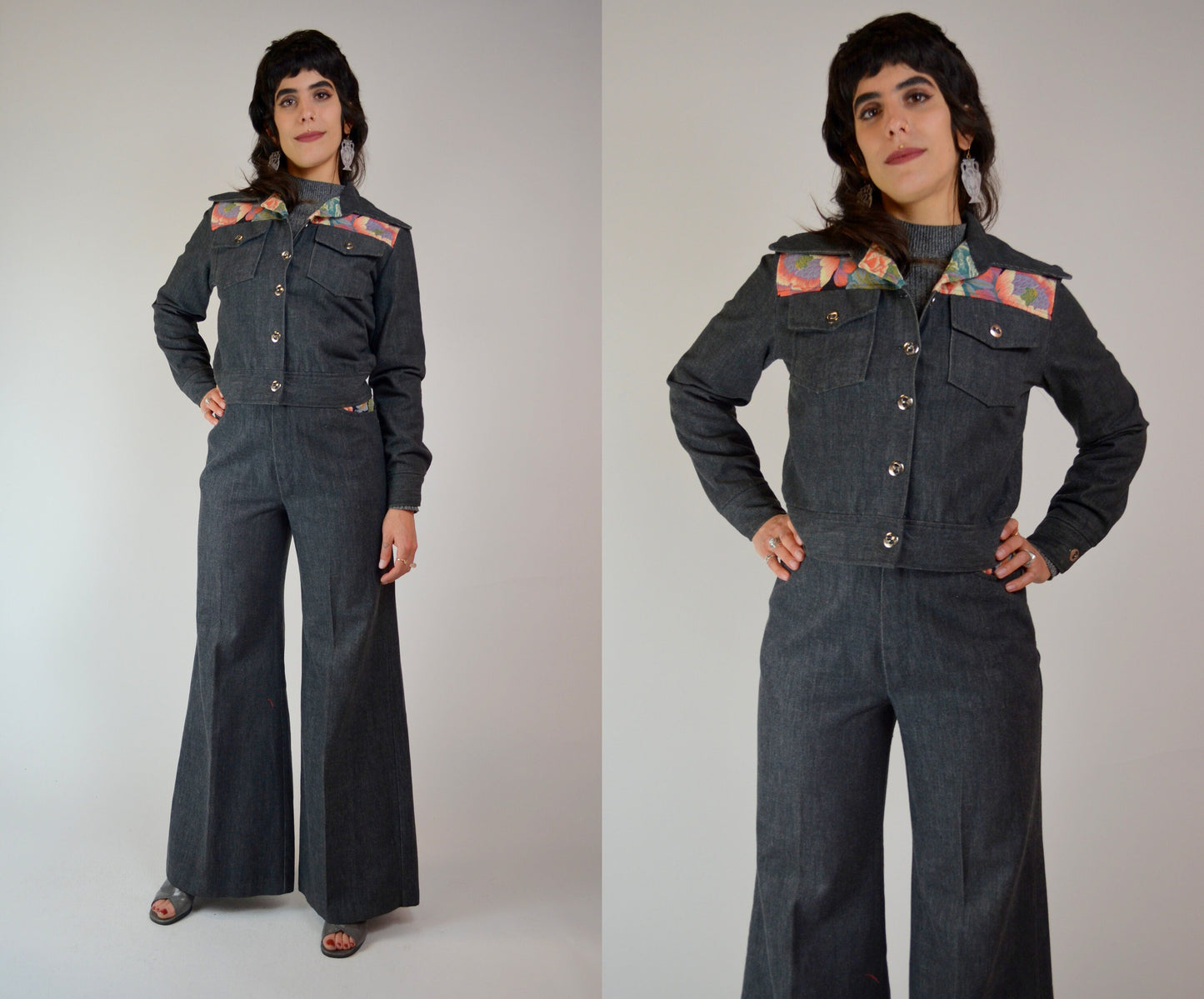 XS 1970s Denim 2 Piece Set Vintage Floral Bell Bottoms