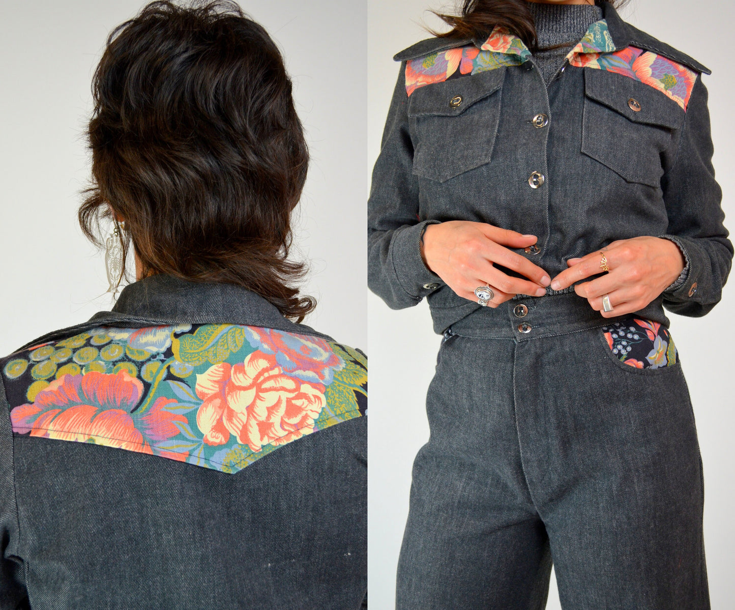 XS 1970s Denim 2 Piece Set Vintage Floral Bell Bottoms