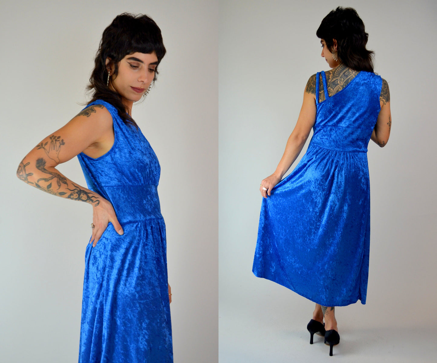 S-M 1970s One Shoulder Blue VELVET Maxi Asymmetrical Maxi Dress