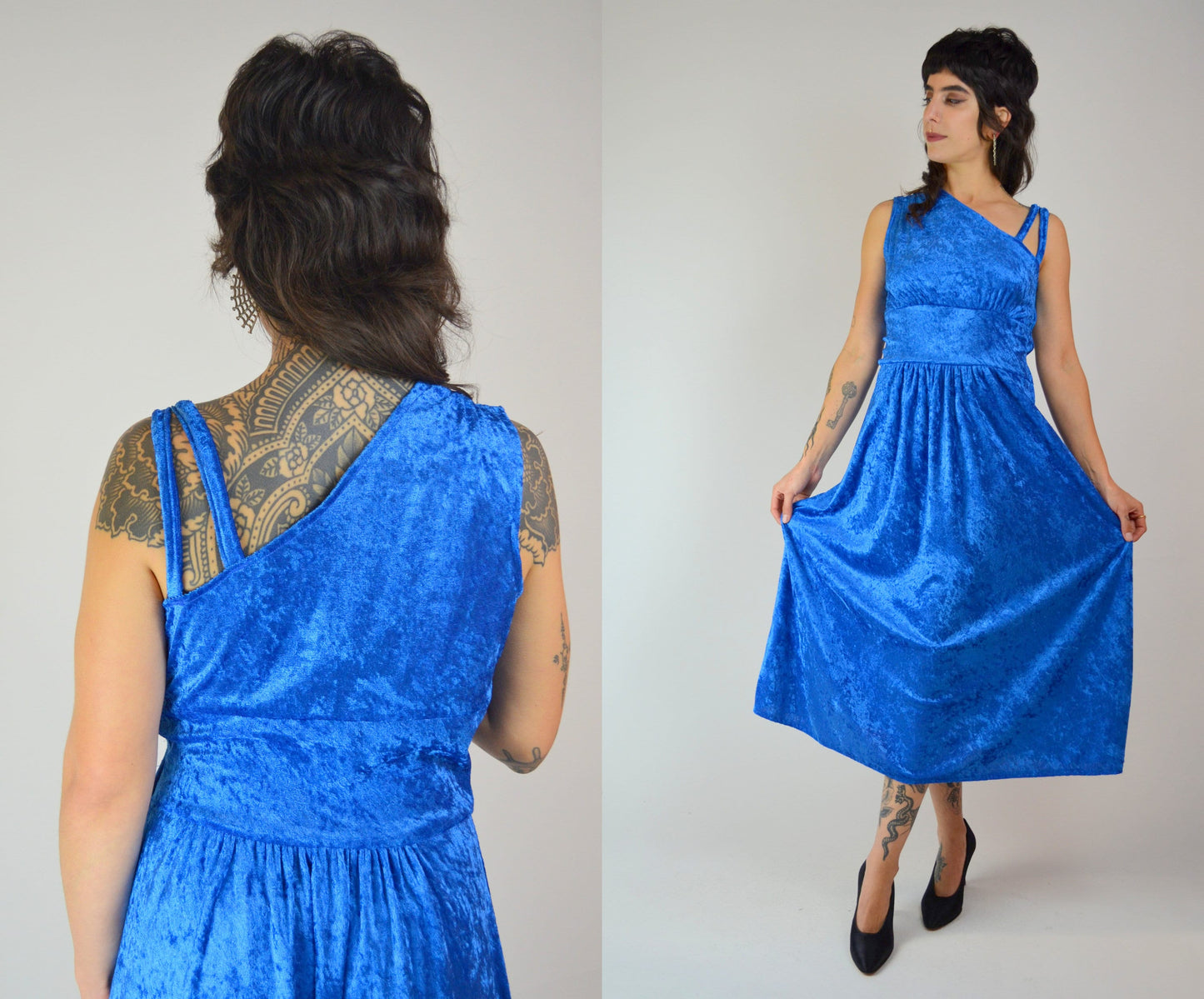 S-M 1970s One Shoulder Blue VELVET Maxi Asymmetrical Maxi Dress