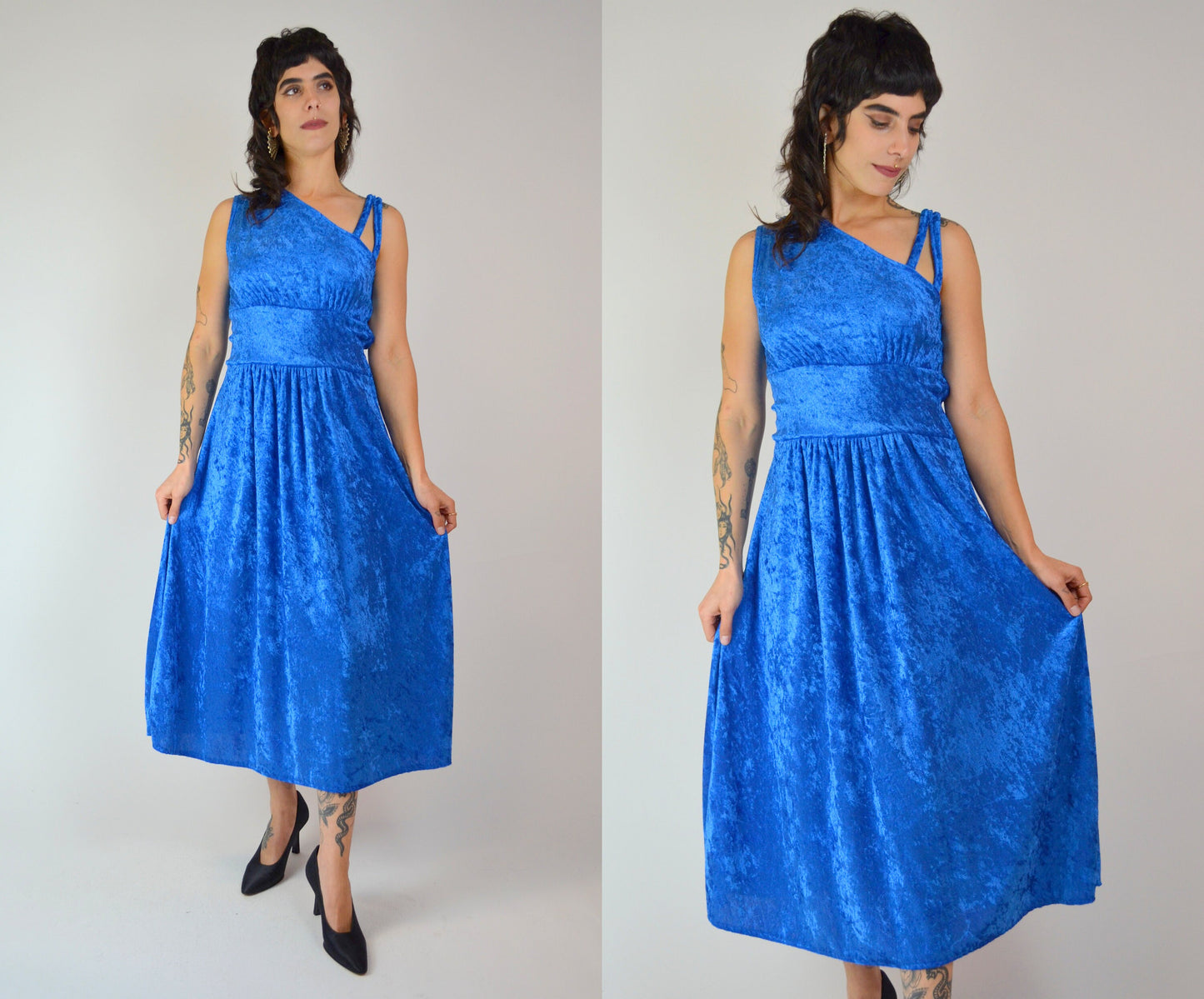 S-M 1970s One Shoulder Blue VELVET Maxi Asymmetrical Maxi Dress