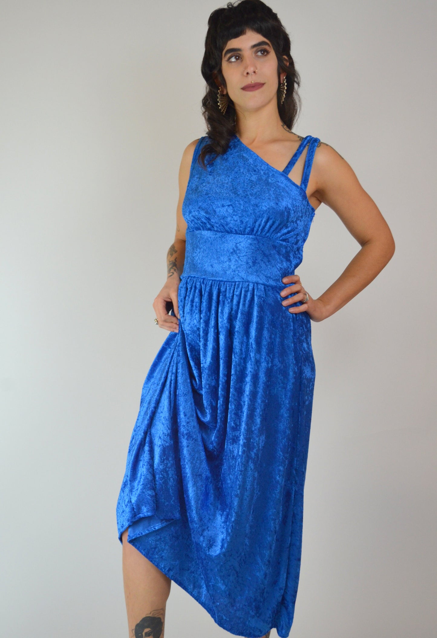 S-M 1970s One Shoulder Blue VELVET Maxi Asymmetrical Maxi Dress