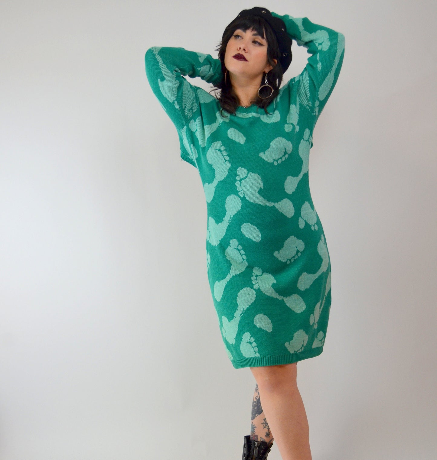 1980 BETSEY JOHNSON PuNK Label Foot Print Knit Sweater Dress - XL