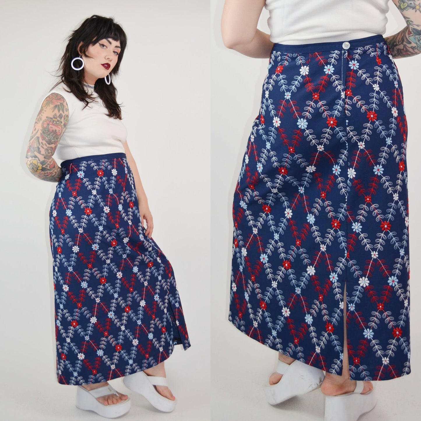 XL- 1960s Embroidered Daisy long Skirt