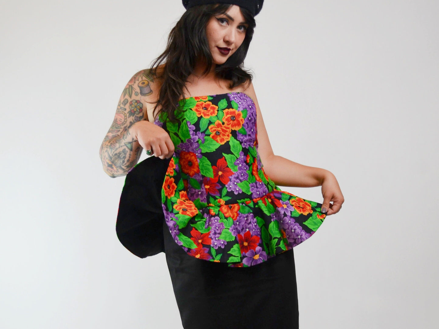 1990s Floral Strapless Dress Vintage AJ BARI Party Dress - MEDIUM