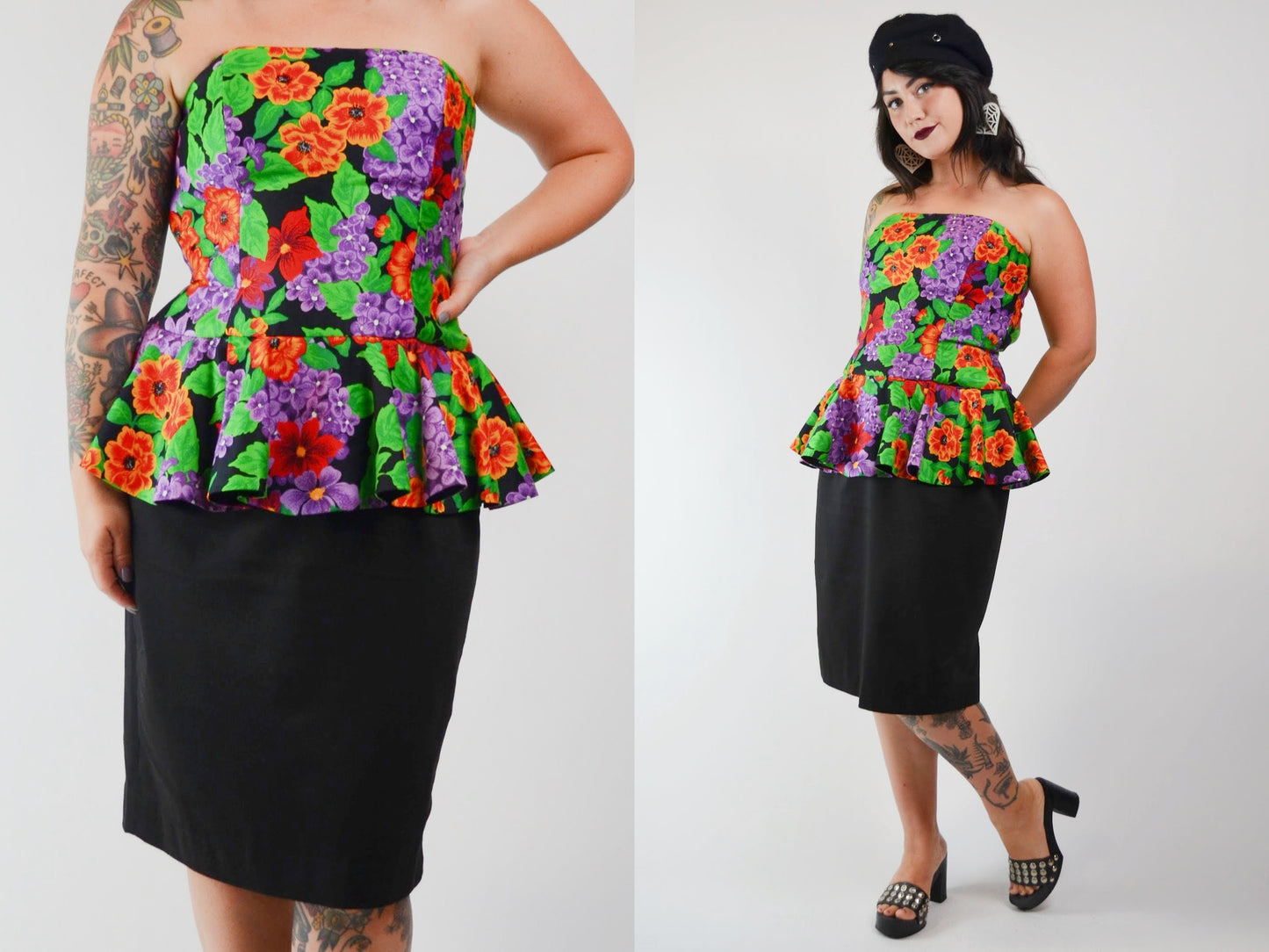 1990s Floral Strapless Dress Vintage AJ BARI Party Dress - MEDIUM