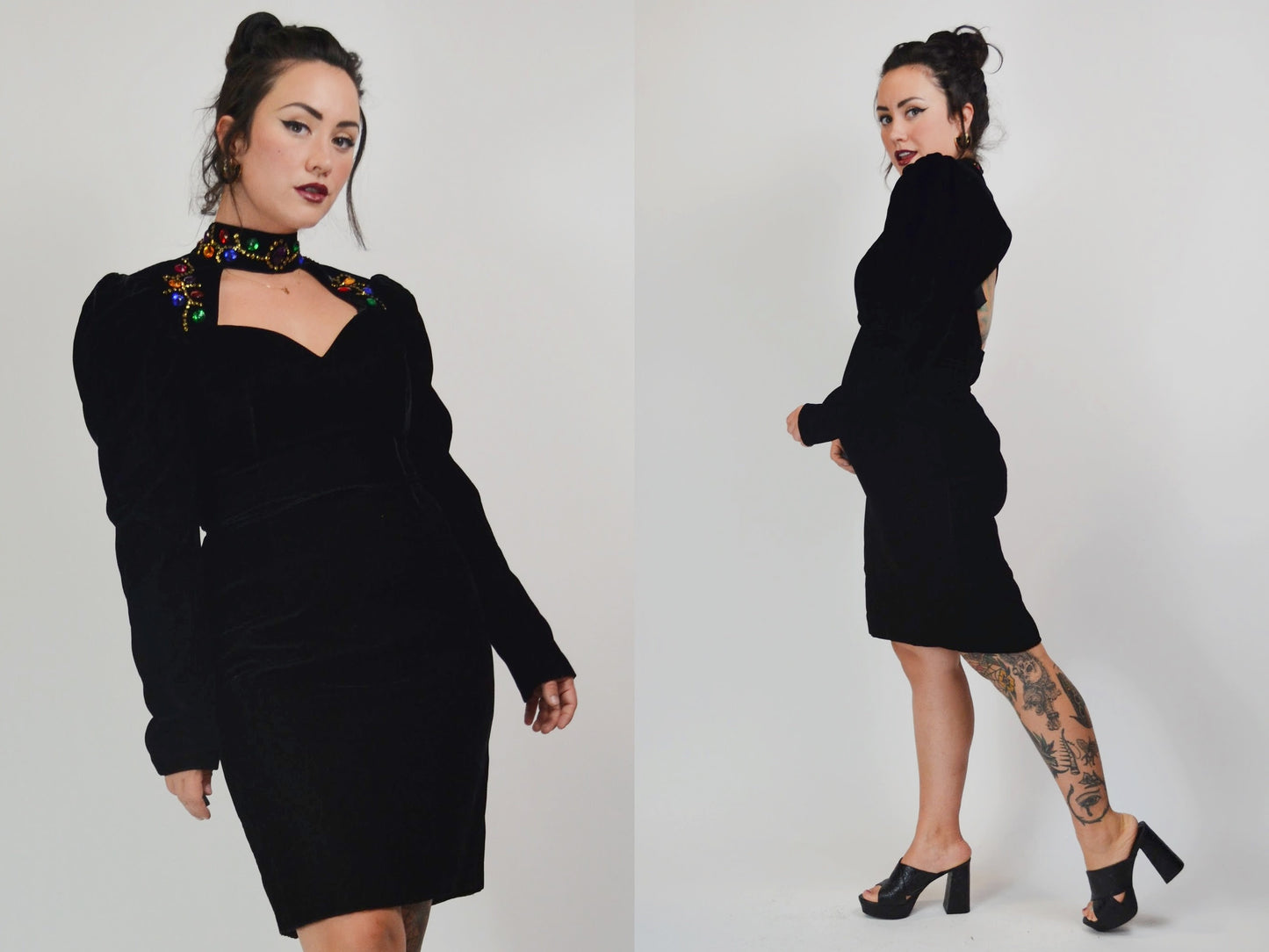 1980s Velvet Jewel Cut Out Dress - Medium