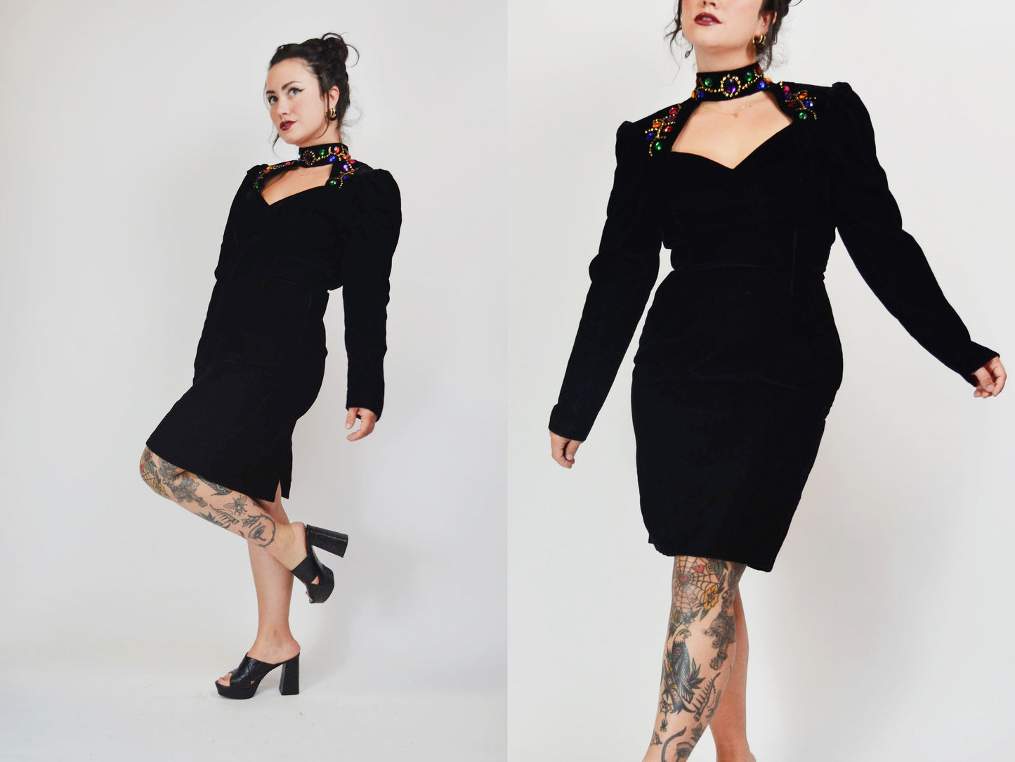 1980s Velvet Jewel Cut Out Dress - Medium