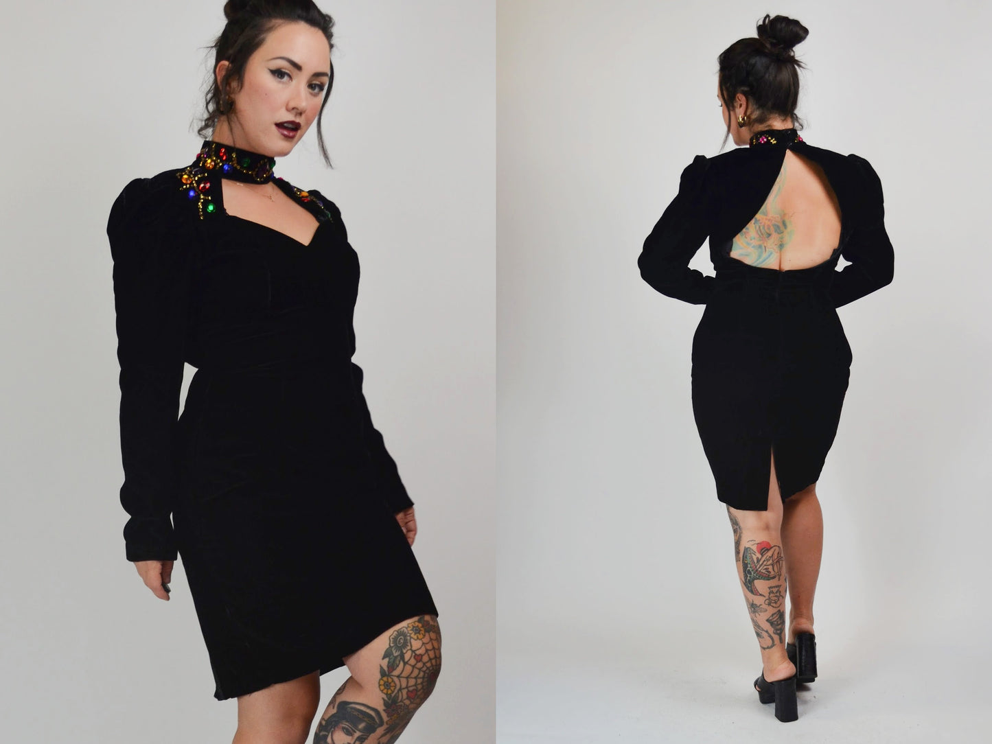 1980s Velvet Jewel Cut Out Dress - Medium
