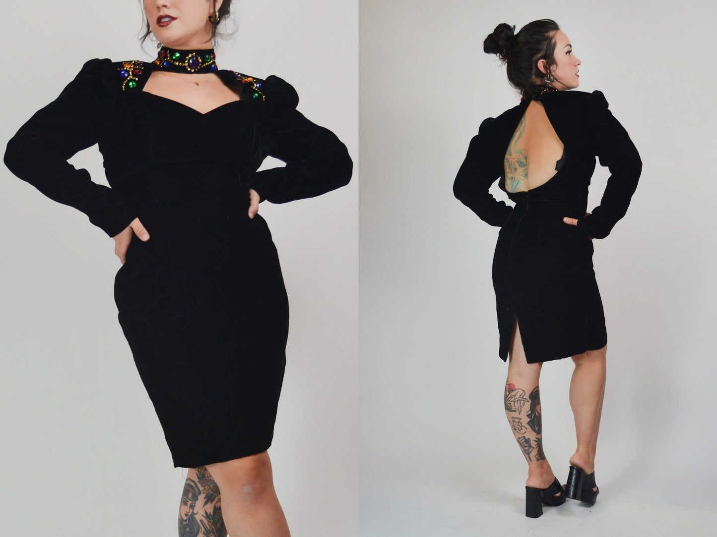 1980s Velvet Jewel Cut Out Dress - Medium