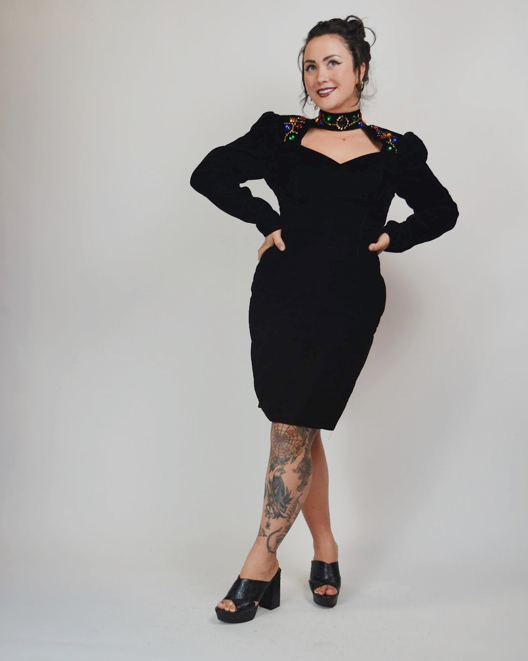 1980s Velvet Jewel Cut Out Dress - Medium