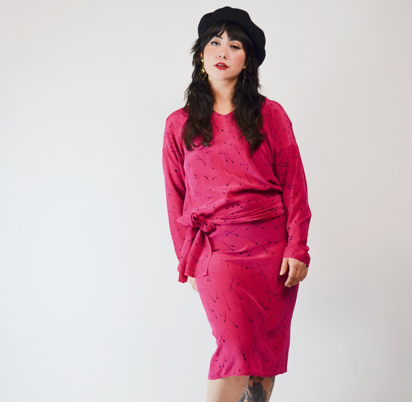 1990s Silk Pink Dress Matchstick Pattern - Small