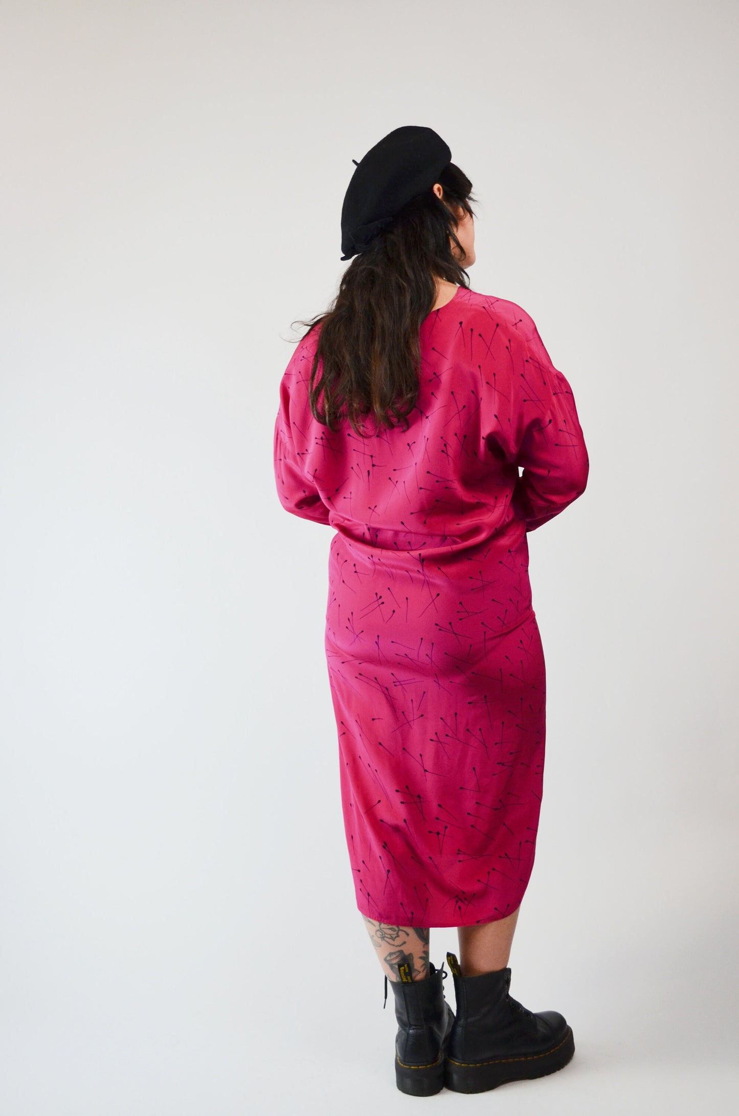 1990s Silk Pink Dress Matchstick Pattern - Small