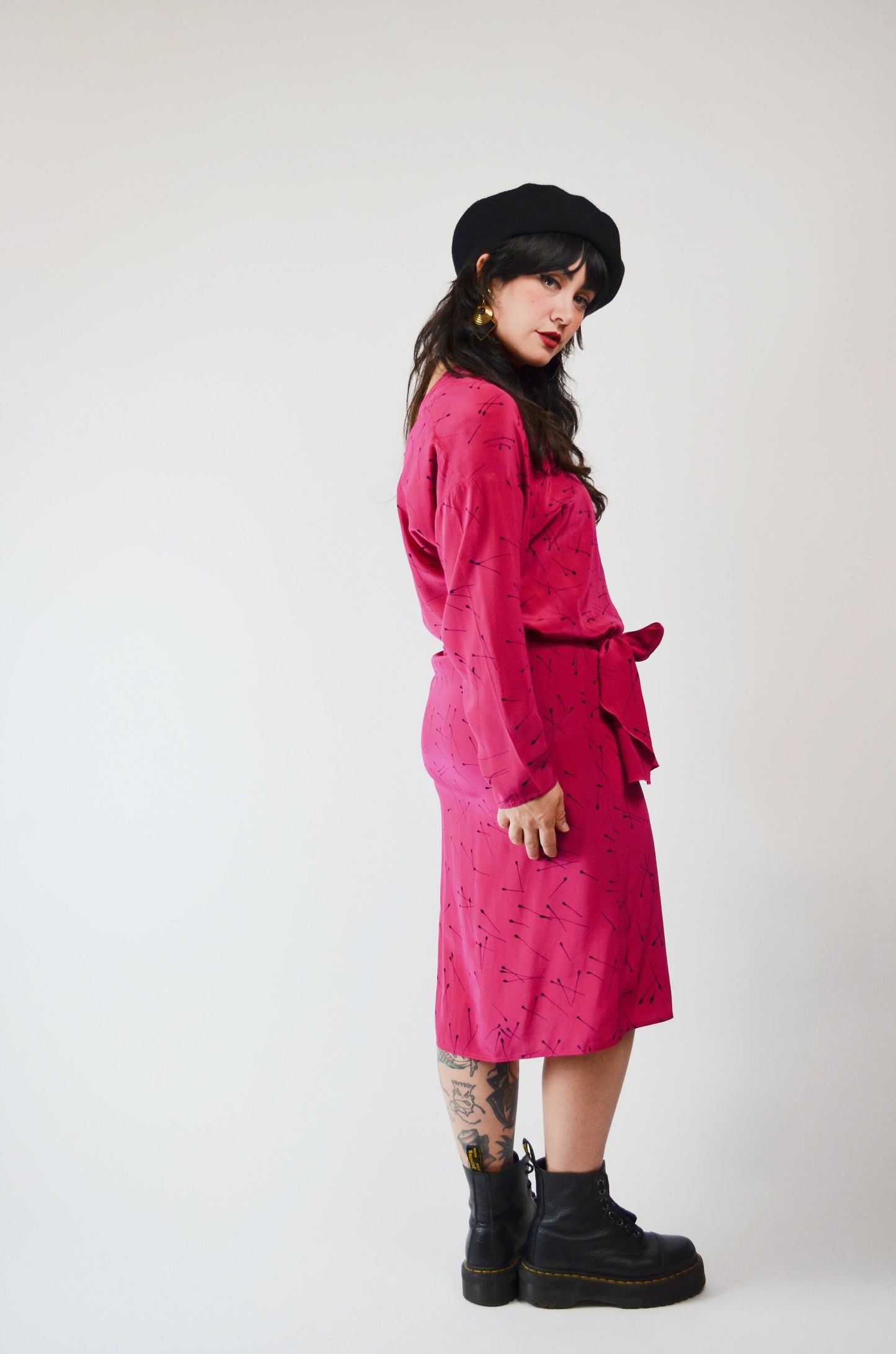 1990s Silk Pink Dress Matchstick Pattern - Small