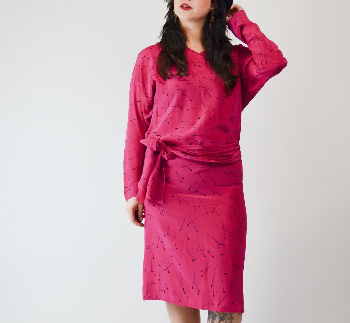 1990s Silk Pink Dress Matchstick Pattern - Small