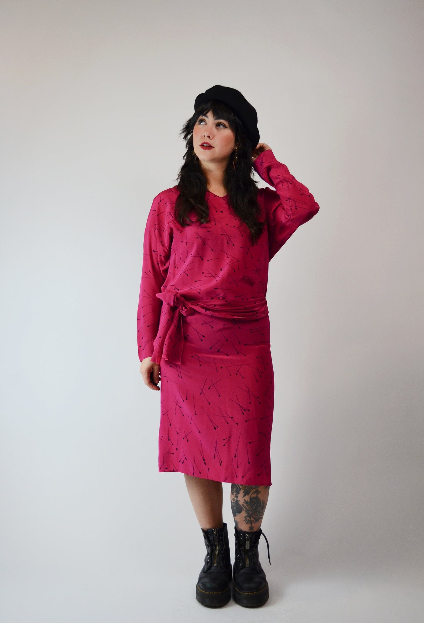 1990s Silk Pink Dress Matchstick Pattern - Small