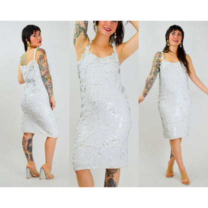 1960s Medium GENE SHELLY Sequin Dress – Vintage White Wiggle Hourglass Cocktail Dress