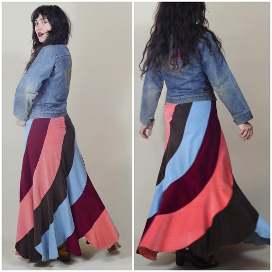 1970s 27 Waist Corduroy Skirt – Vintage Hippie Striped Pink Maxi Skirt