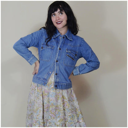 1960s XS Jean Jacket - Vintage Faded Blue Snap Button Faded Denim Coat