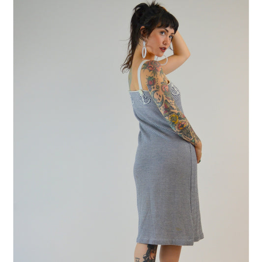 1970s Medium TED LAPIDUS Midi Dress – Vintage Nautical Fisherman Coastal Striped Navy White Anchor Detail Knit Dress