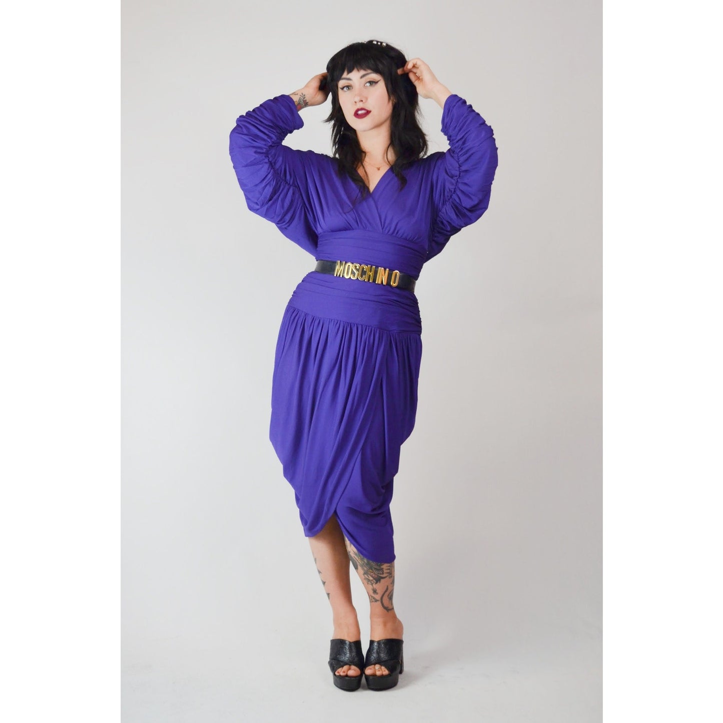 1980s Medium VICKY TIEL Dress – Vintage Purple Designer Ruched Draped Tulip Skirt Cocktail Dress