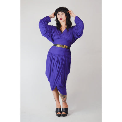 1980s Medium VICKY TIEL Dress – Vintage Purple Designer Ruched Draped Tulip Skirt Cocktail Dress