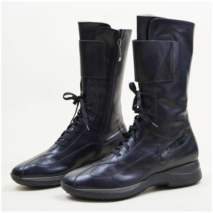 2000s 9 CEASAR PACIOTTI Tall Boots – Vintage Matrix Y2K Lace-up Black Leather Ankle Boots