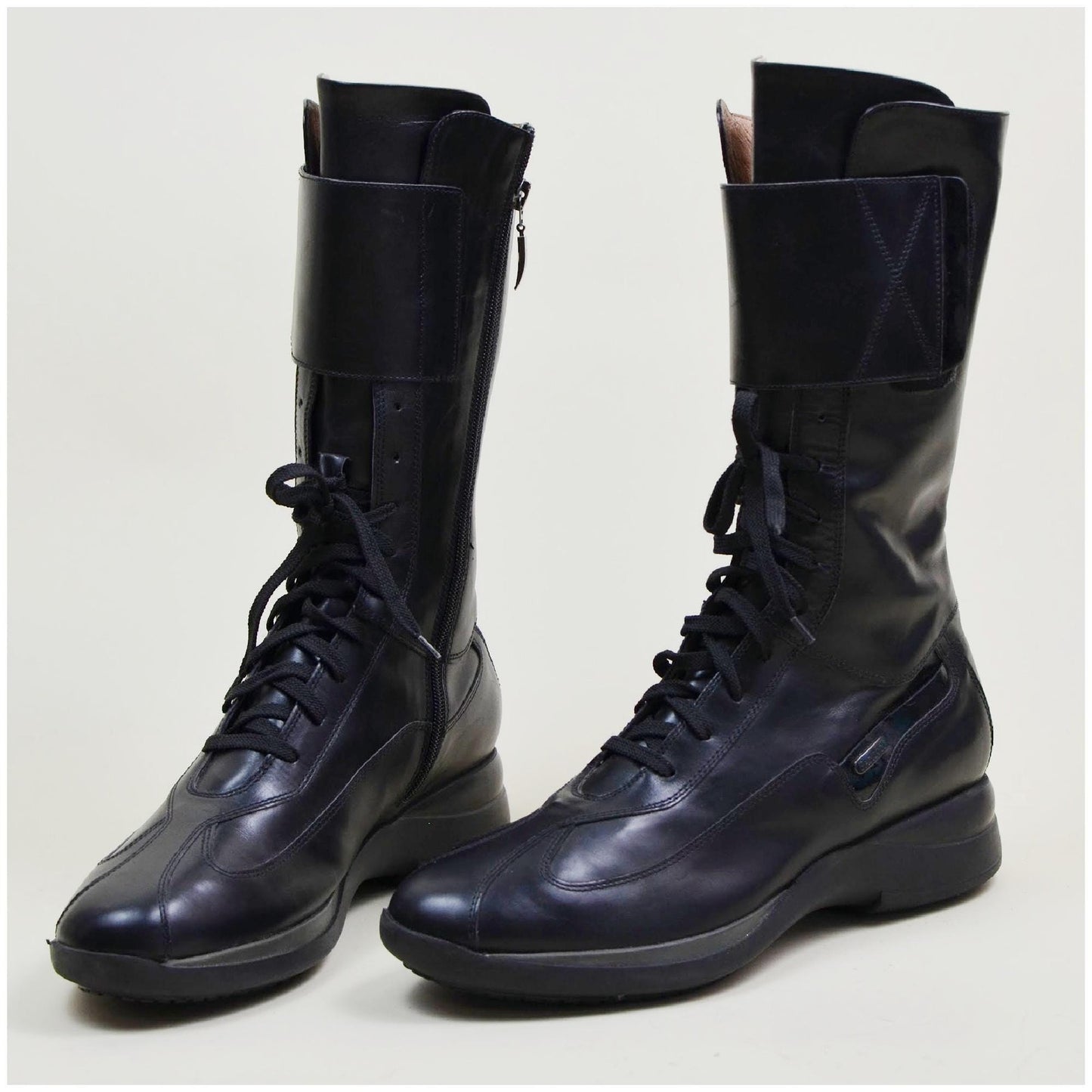 2000s 9 CEASAR PACIOTTI Tall Boots – Vintage Matrix Y2K Lace-up Black Leather Ankle Boots