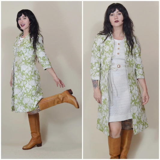 1960s XS Petite Coat – Vintage Matcha Green White Floral Brocade Overcoat Jacket