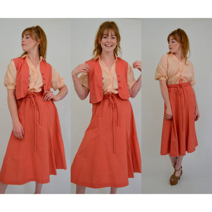 1960s Small 3-Piece Set Skirt Vest and Blouse - Vintage Puff Sleeve Blouse with Cropped Button-up Vest and Paperbag Waist Skirt Dress Set