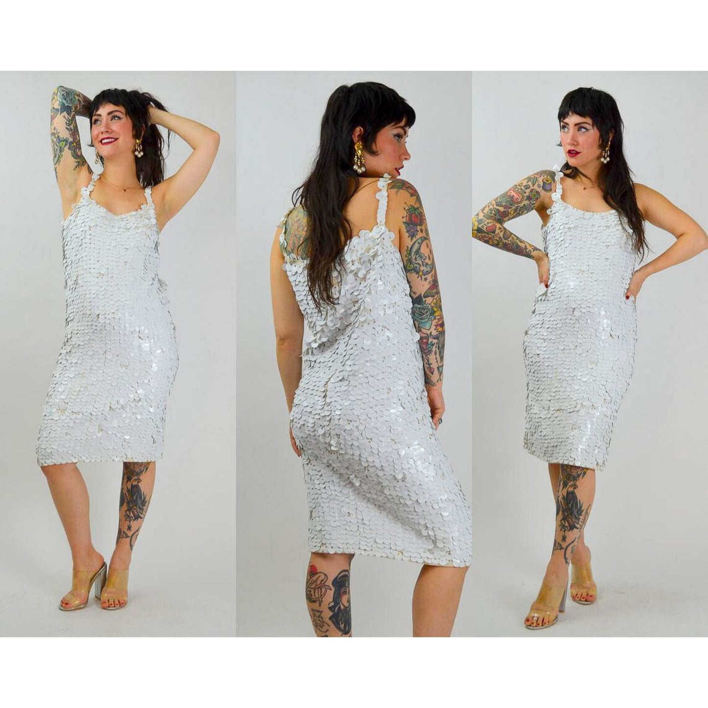 1960s Medium GENE SHELLY Sequin Dress – Vintage White Wiggle Hourglass Cocktail Dress