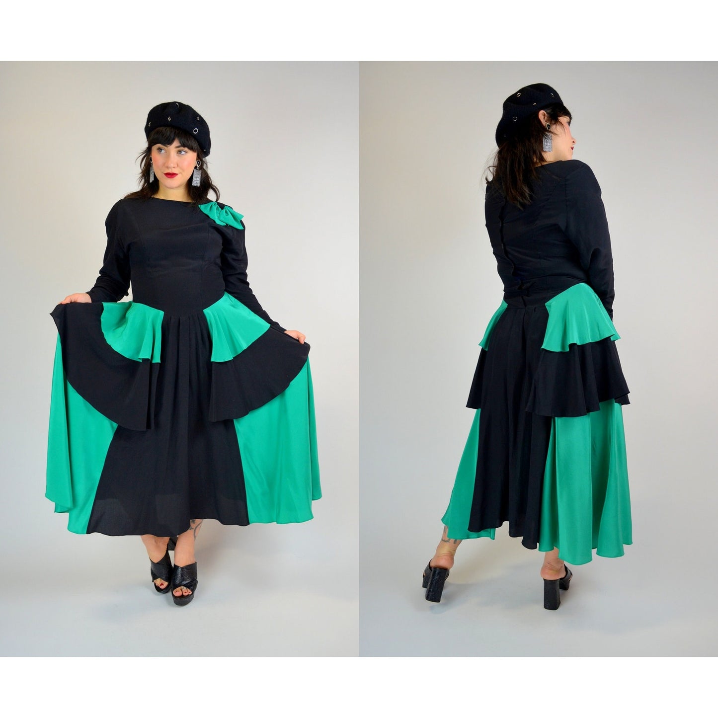 1980s Medium Silk Dress - Vintage Black and Teal Long Sleeve Coquette Bow New Wave Maxi Dress