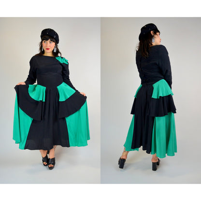 1980s Medium Silk Dress - Vintage Black and Teal Long Sleeve Coquette Bow New Wave Maxi Dress