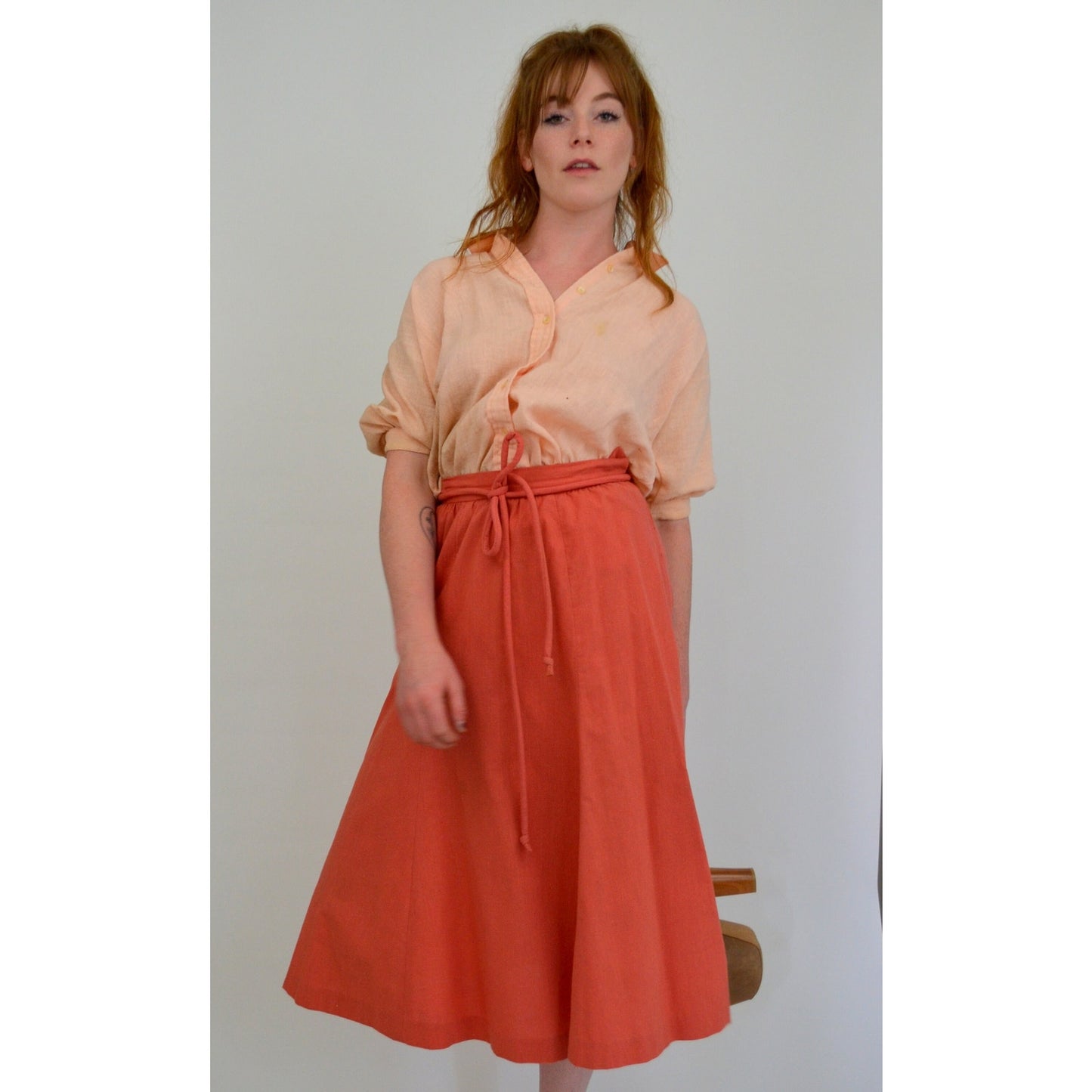 1960s Small 3-Piece Set Skirt Vest and Blouse - Vintage Puff Sleeve Blouse with Cropped Button-up Vest and Paperbag Waist Skirt Dress Set