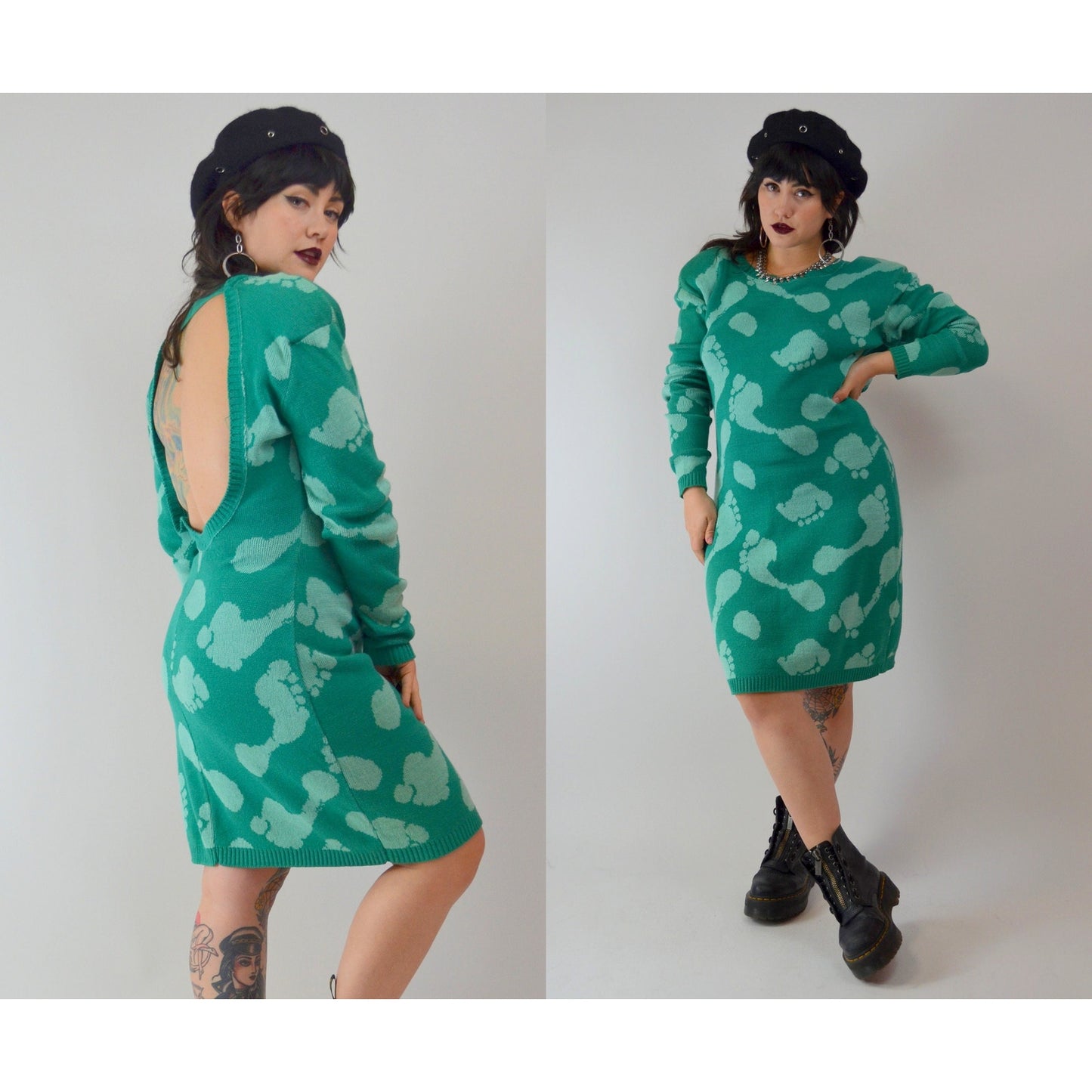 1980 XL BETSEY JOHNSON Sweater Dress – Vintage Punk Label Knit Foot Print Knee-Length Dress