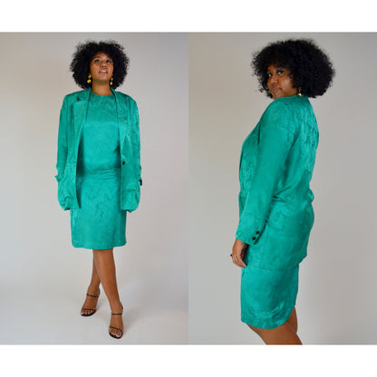 1980s Medium Two Piece Silk Set - Vintage Business Casual Bold Officewear Floral Teal Turqoise Short-Sleeve Dress + Matching Blazer