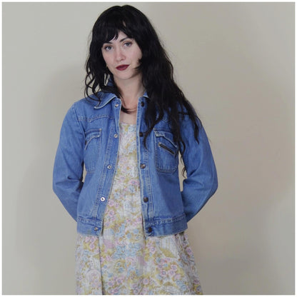 1960s XS Jean Jacket - Vintage Faded Blue Snap Button Faded Denim Coat