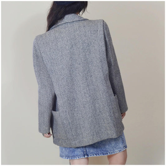 1980s Medium Tweed Jacket - Vintage Grey Boxy HERMAN KAY Winter Coat