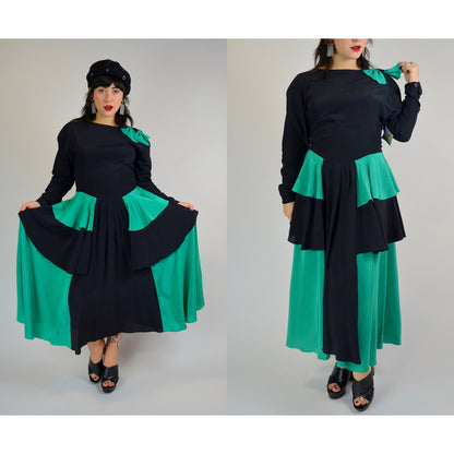1980s Medium Silk Dress - Vintage Black and Teal Long Sleeve Coquette Bow New Wave Maxi Dress
