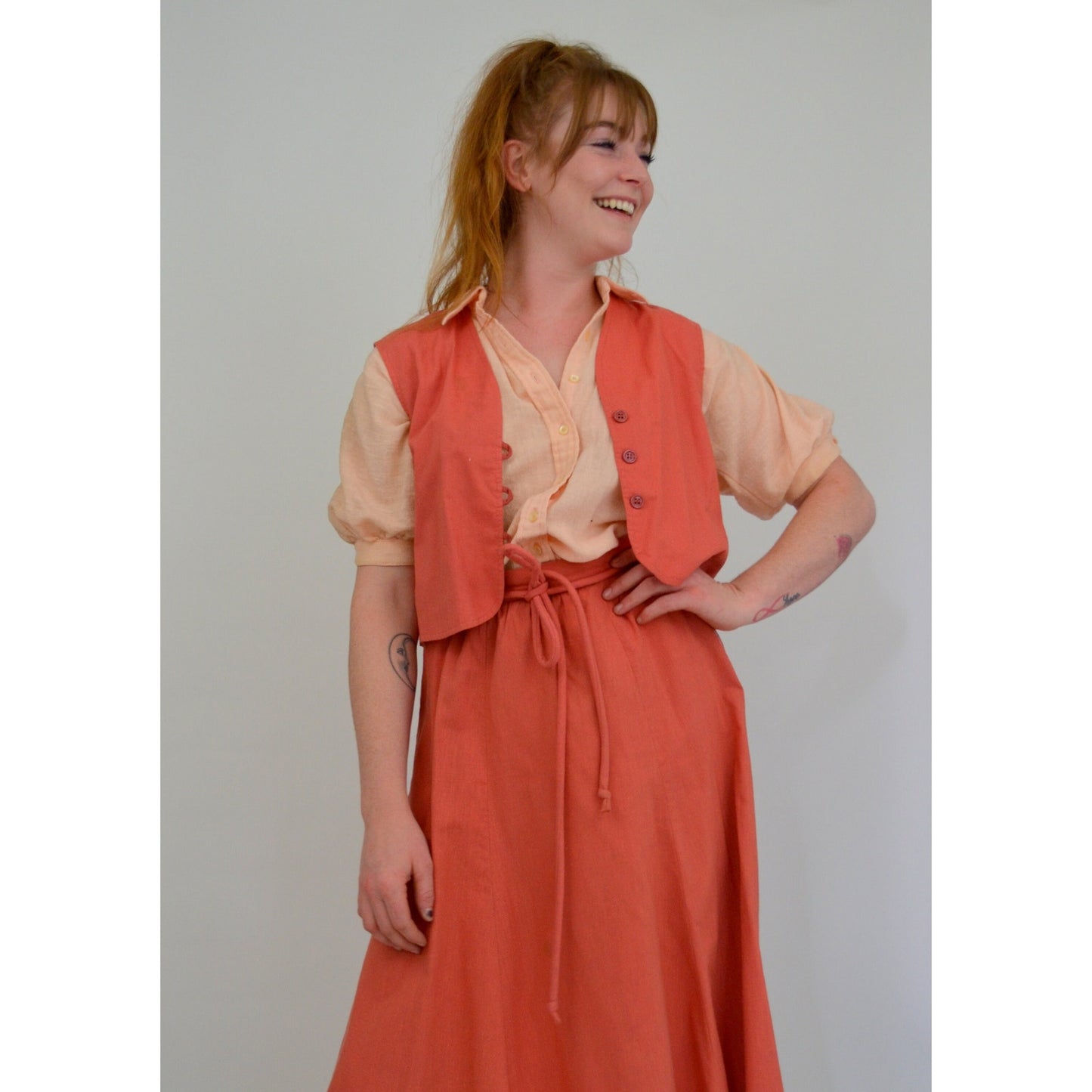 1960s Small 3-Piece Set Skirt Vest and Blouse - Vintage Puff Sleeve Blouse with Cropped Button-up Vest and Paperbag Waist Skirt Dress Set